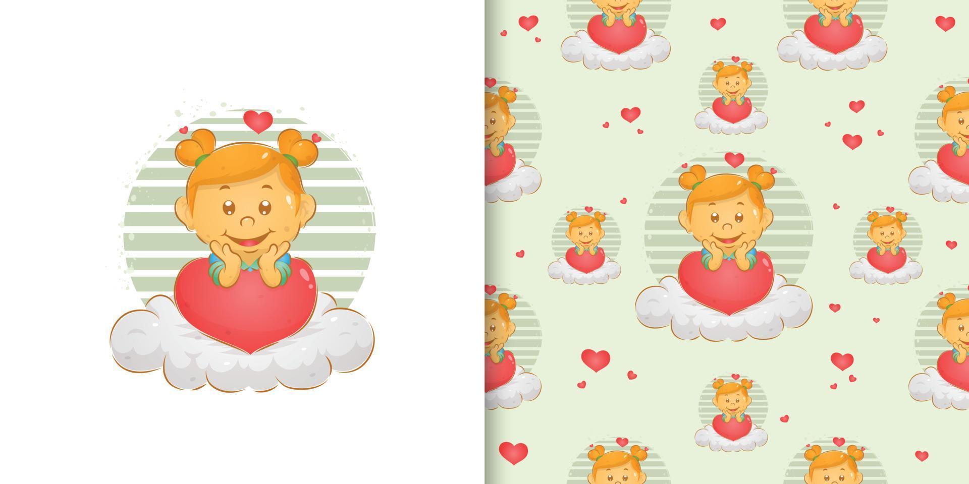 The pattern set of water colour little girl with the bunny hair sitting on the cloud vector