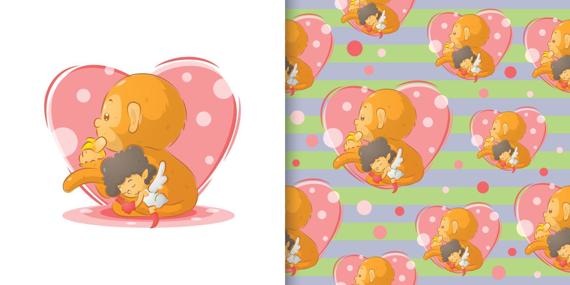 The hand drawn monkey eating the banana and the little fairy sleeping on his tail vector