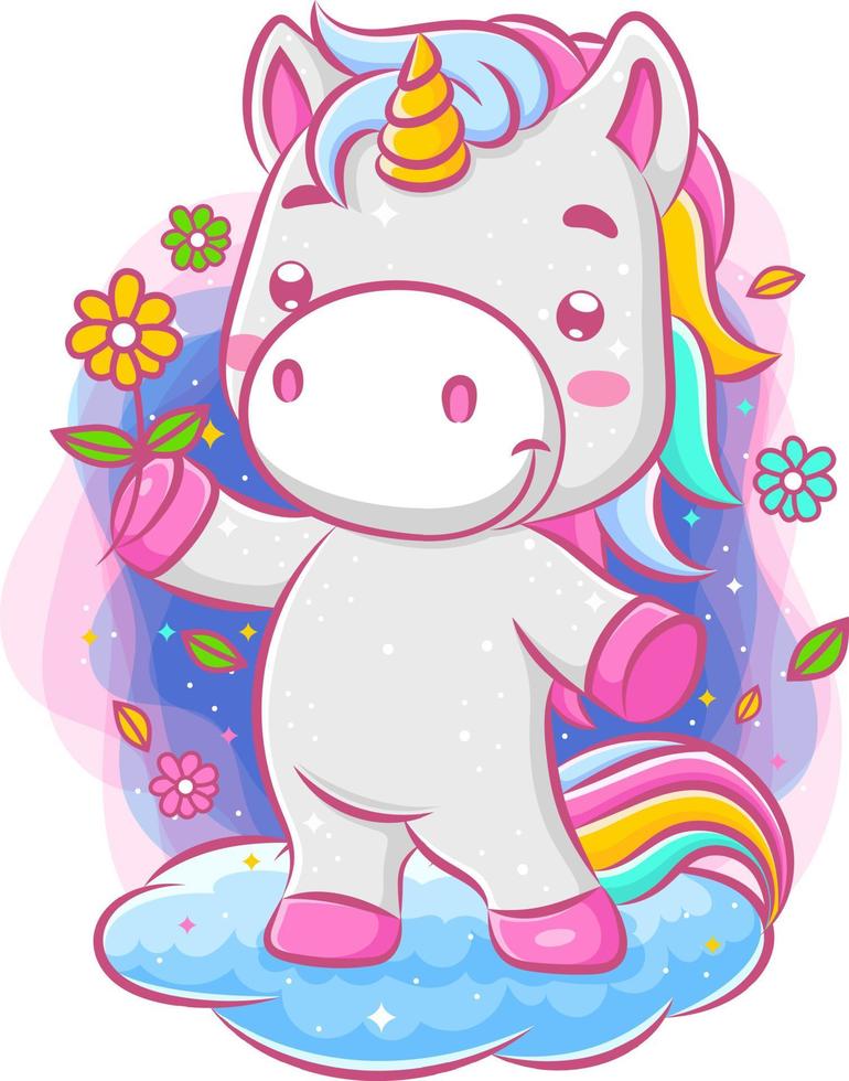 Lovely unicorn holding a flower and standing on the cloud vector