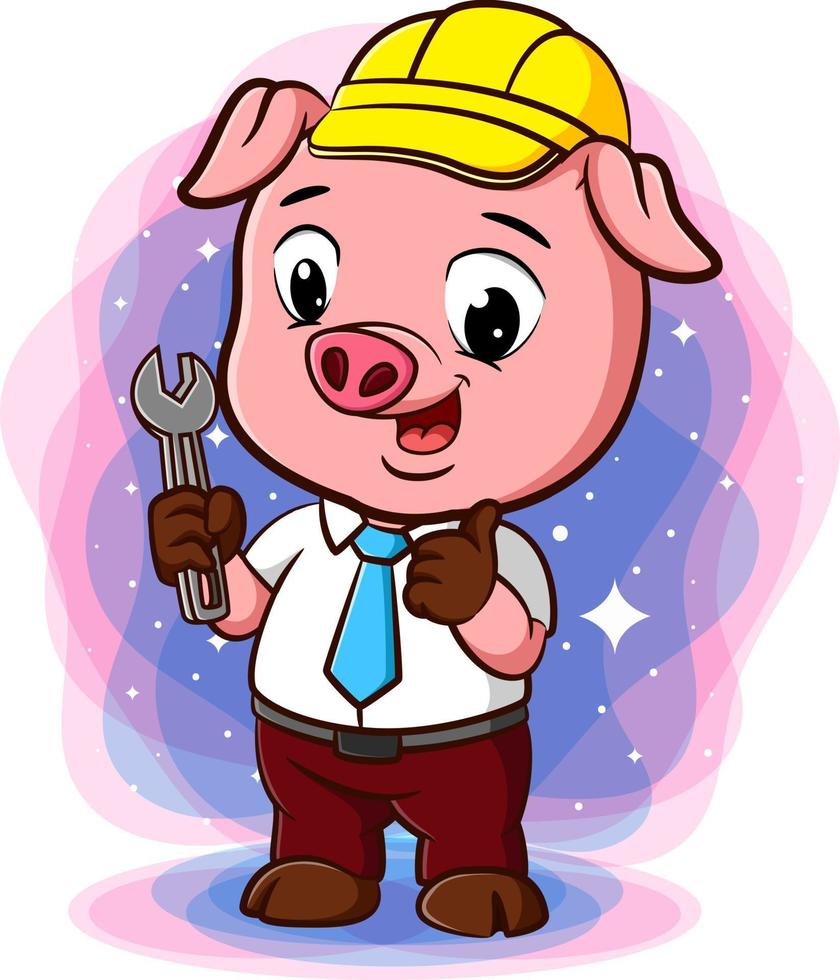 A pig at the construction wearing a safety helmet and holding wrench tool vector