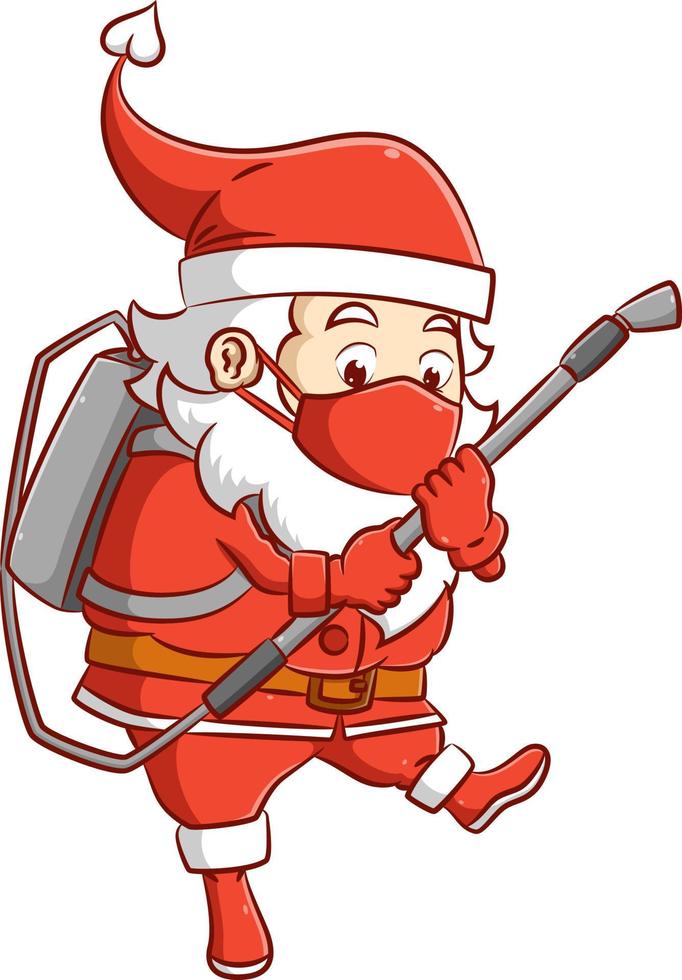 The Santa clause with the red mask is holding the spray gun of the disinfectant to kill the virus vector