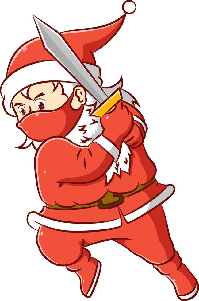 The Santa clause is holding the big sword and he jumps with the serious face vector