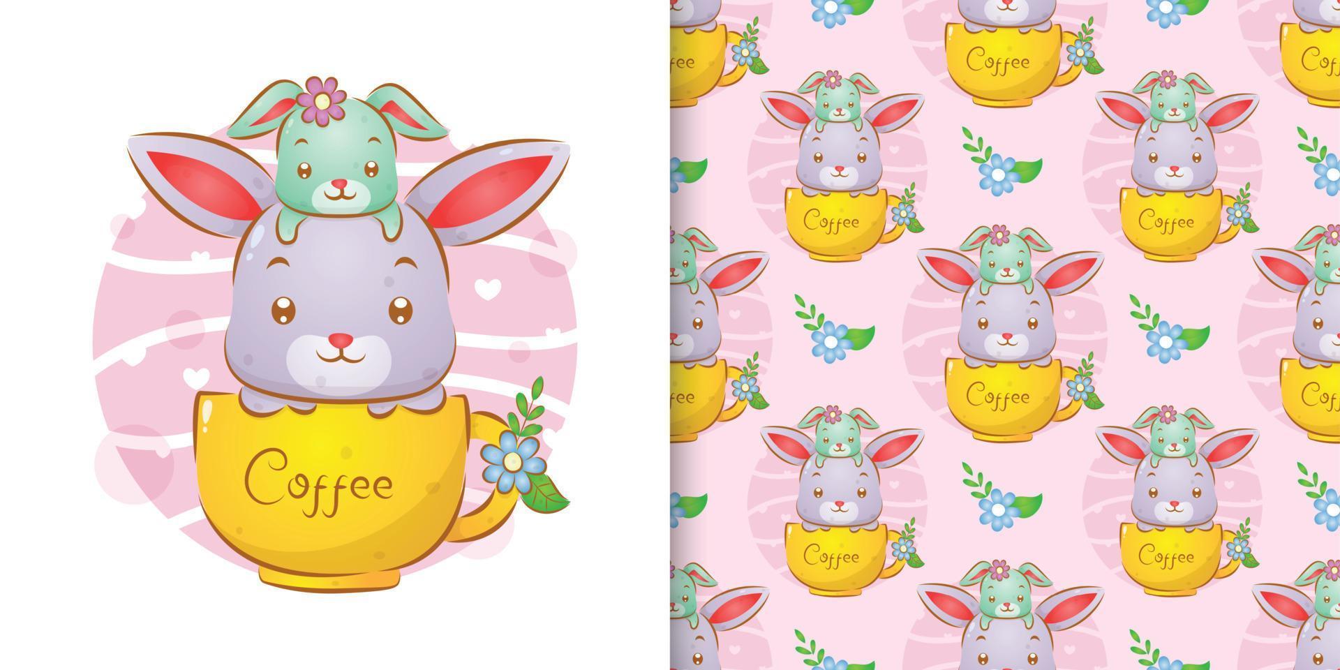 The pattern of the little rabbit sitting on the big rabbit's head in the coffee cup vector