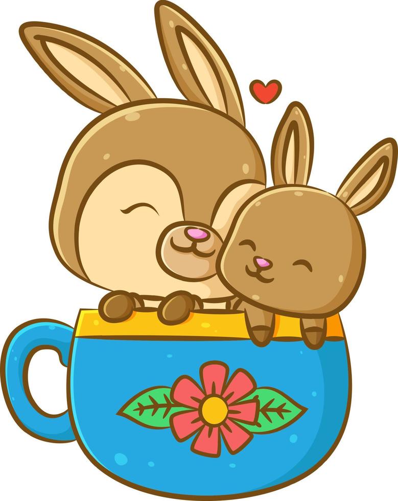 The cute mother of rabbit with her son in sitting on the blue cup vector