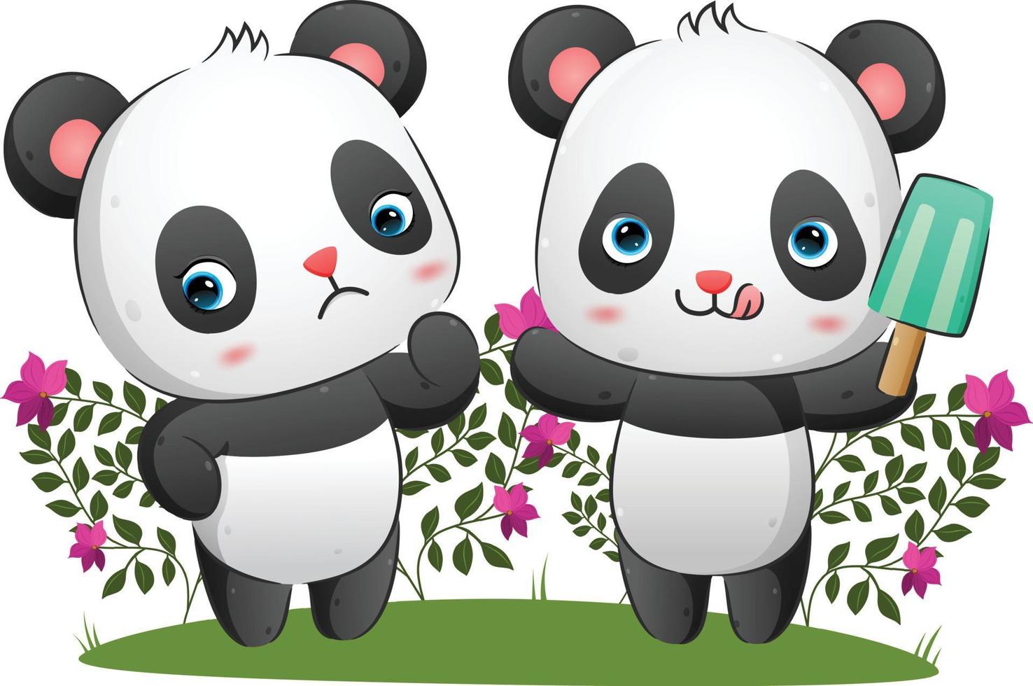 The couple of panda is eating the ice cream while another gives sad expression vector