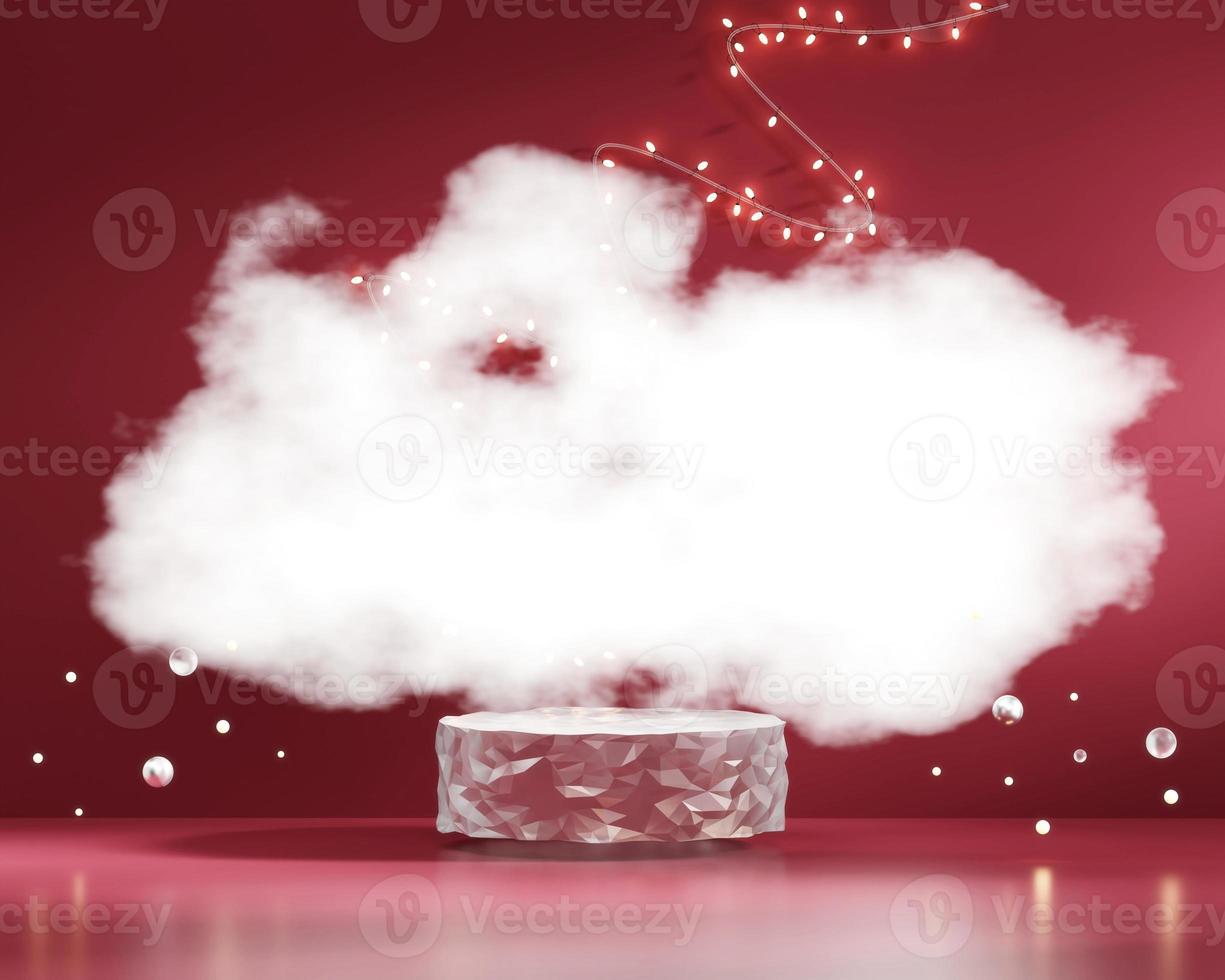 Podium with fairy light string and cloud on red background 3d rendering photo