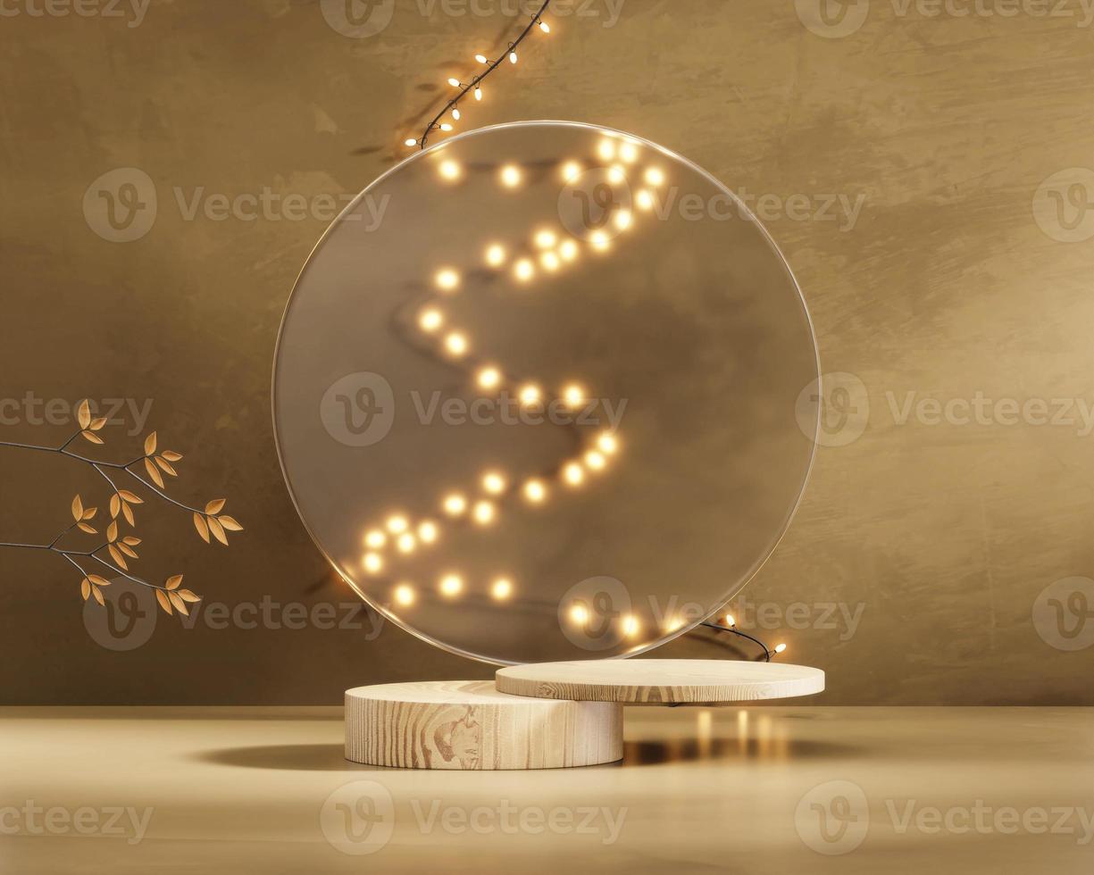 Podium with fairy light string on wall background 3d rendering photo