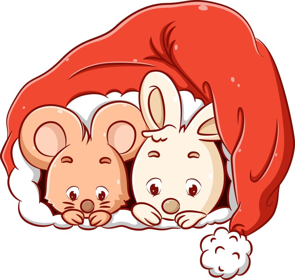 The little mouse and little rabbit is hiding in the Christmas hat because they are cold vector