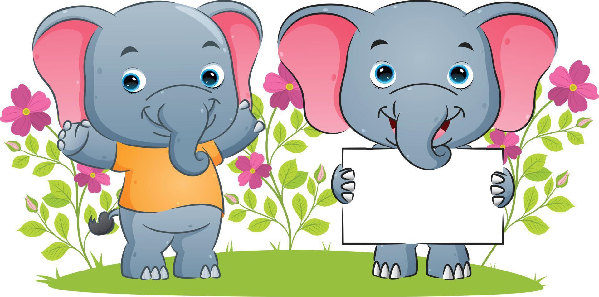 El elefante feliz sostiene una pancarta en blanco y brinda apoyo en el jardín. vector