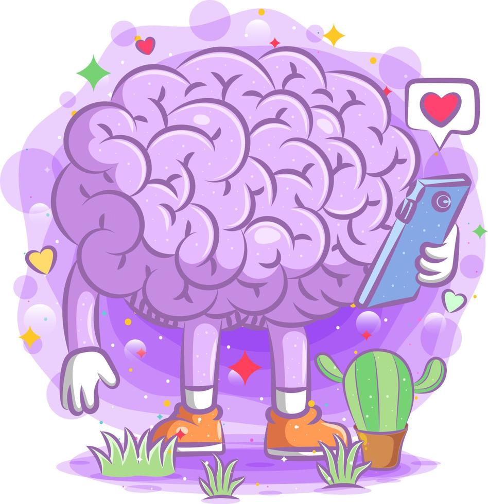 la ilustración del cerebro púrpura sostiene el teléfono vector