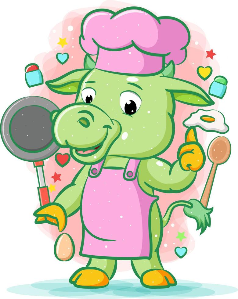 The cow with pink apron standing near the kitchen set vector