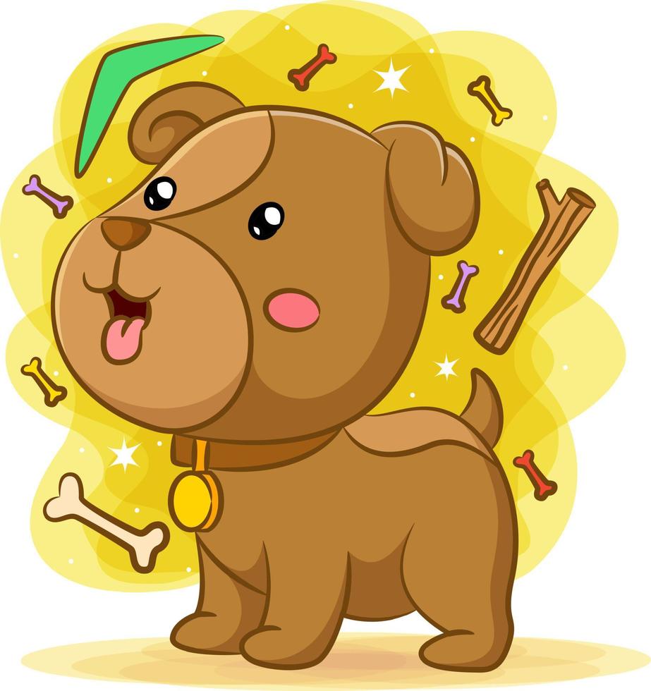 The baby dog playing with the bones and green boomerang vector