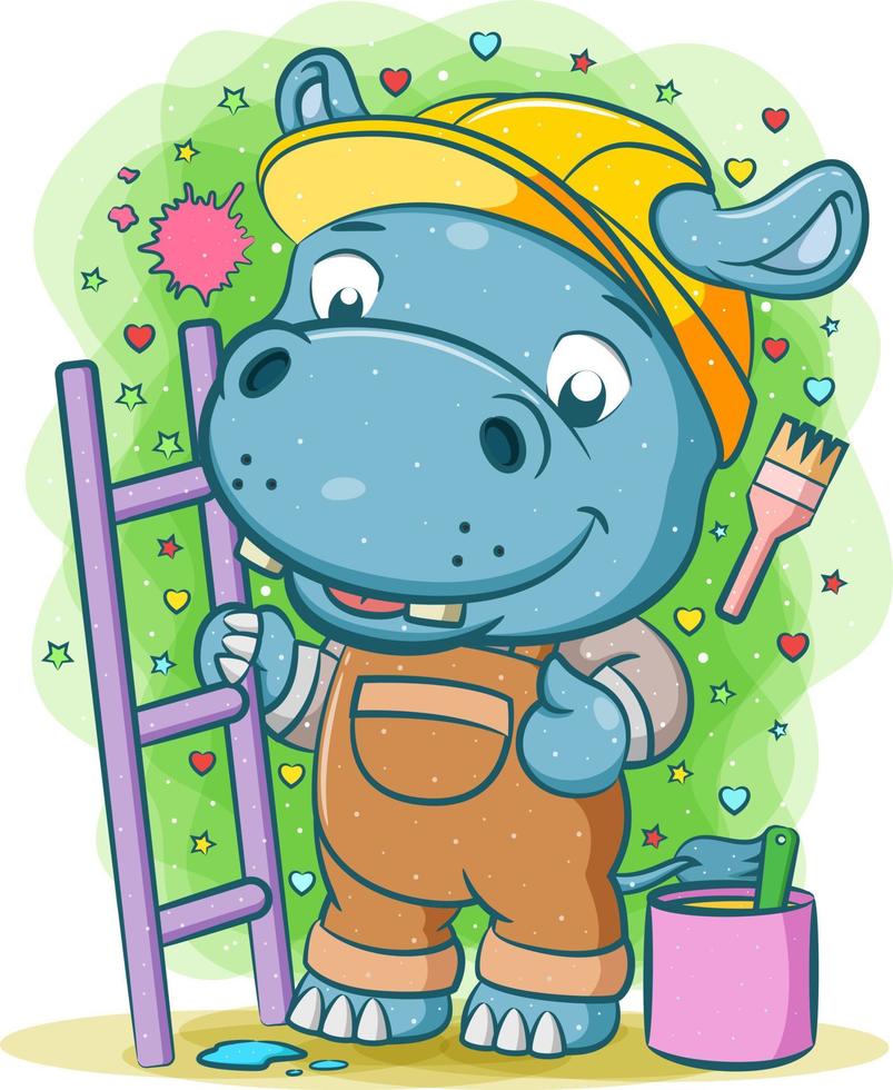 el pintor hipopótamo sostiene la escalera morada vector