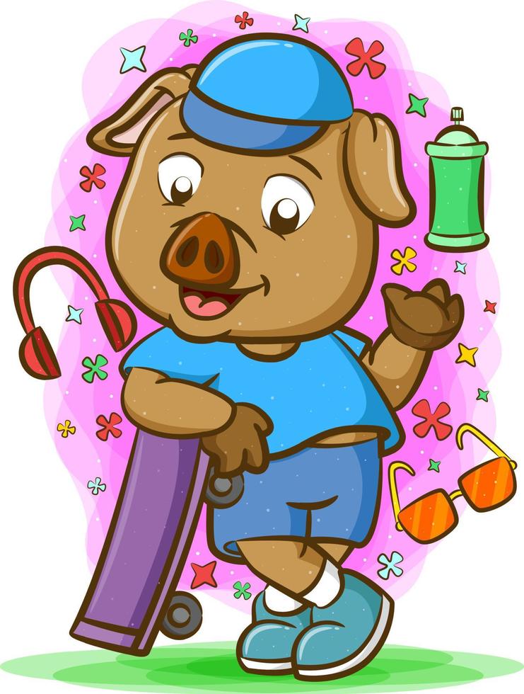 Pig doing skateboard with hip hop style vector