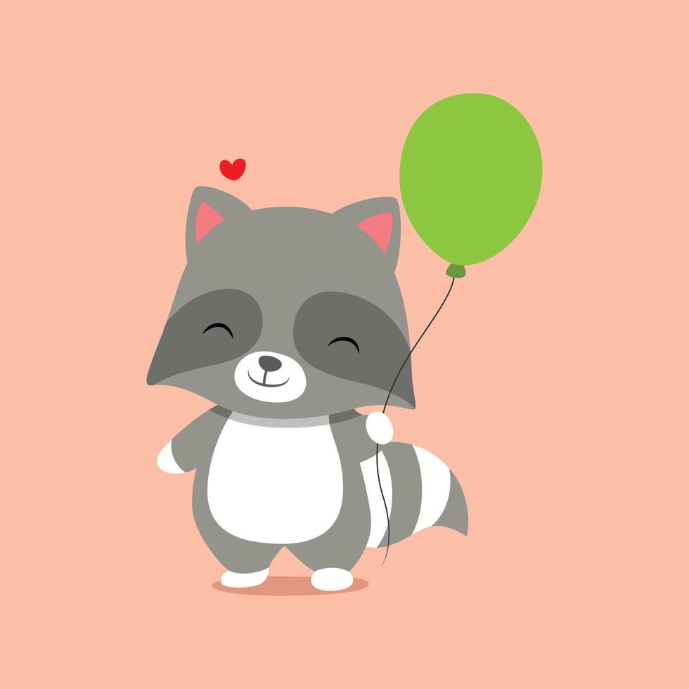 The raccoon is holding the green balloons and standing with his foot vector