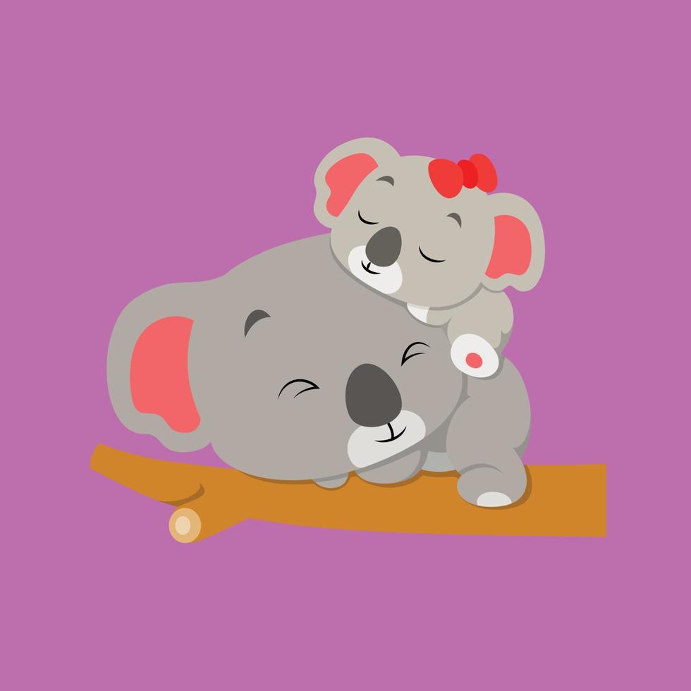 el bebé koala está durmiendo con su bebé koala en la rama del árbol vector