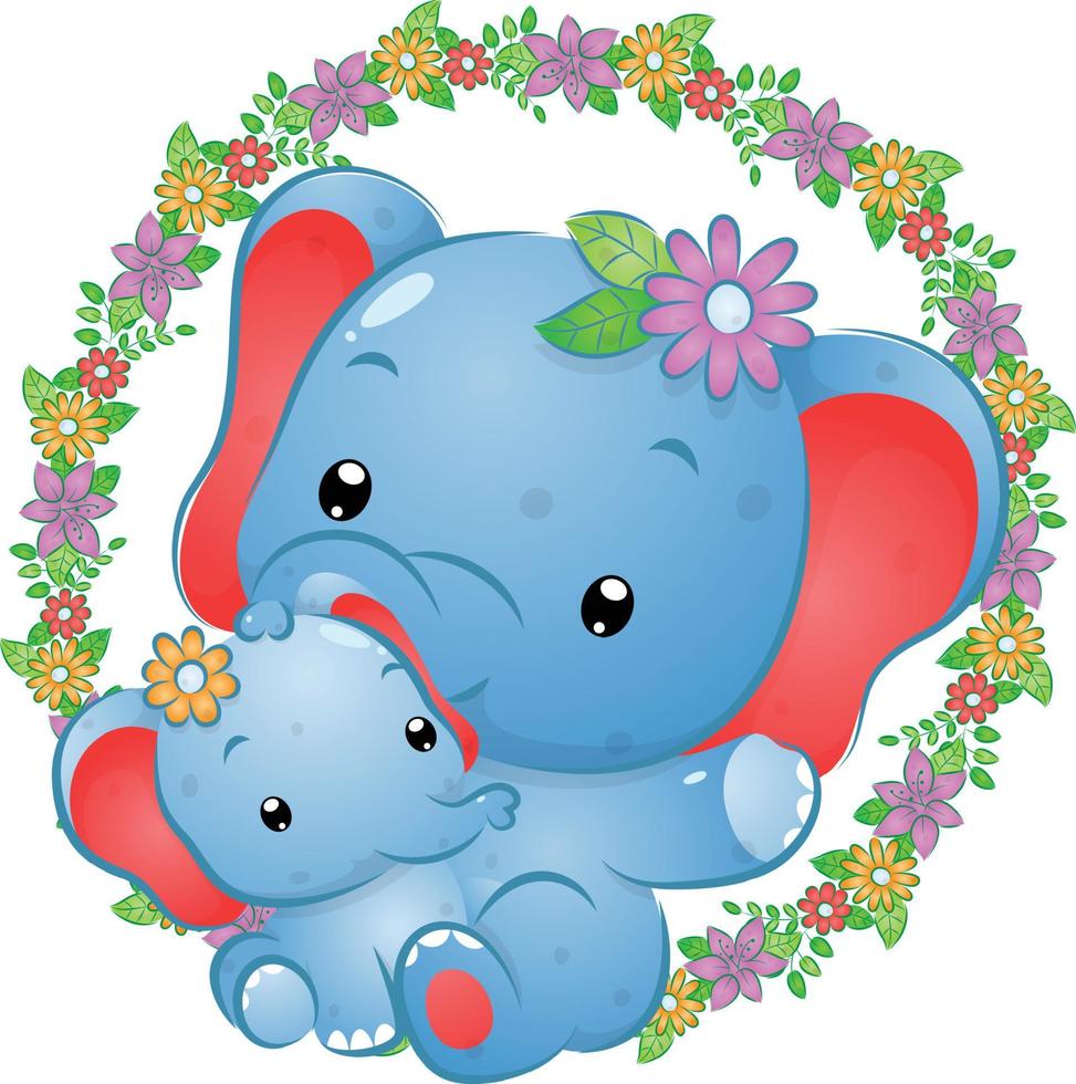 The hand drawn of the two elephant sitting on the flowers rings vector