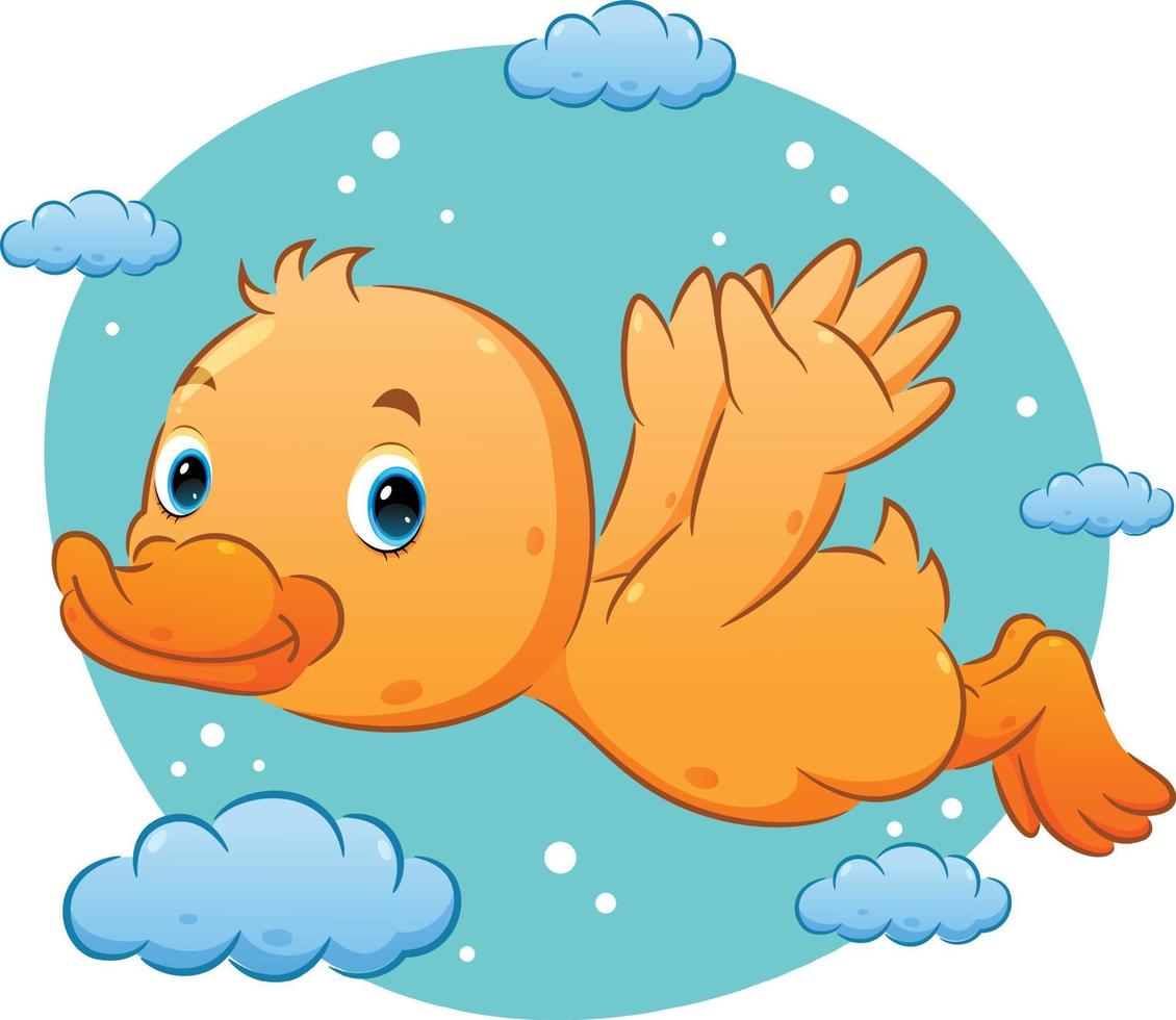 The cute duck with the bright color is flying on the sky with the cloud ornament vector
