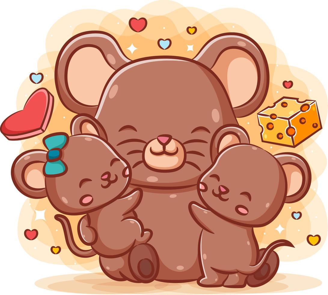 The cute mother mice hug her baby mice near the cheese vector