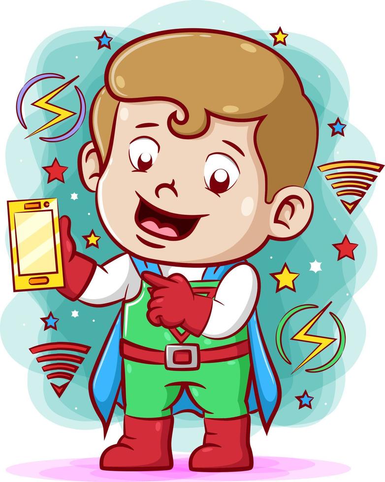 el niño superhéroe sosteniendo y cargando el teléfono con su superpoder mágico vector