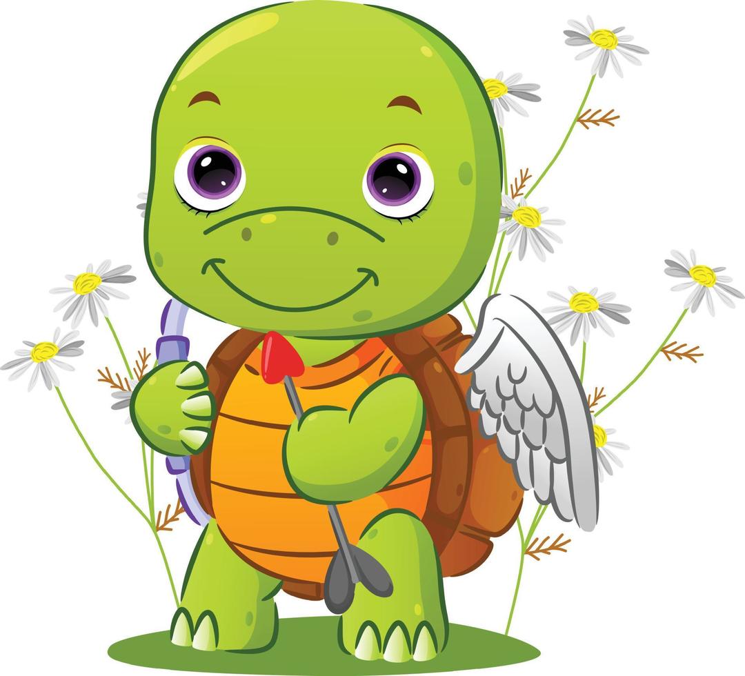 The cute little cupid turtle is holding arrow to spread the love and standing in the garden vector