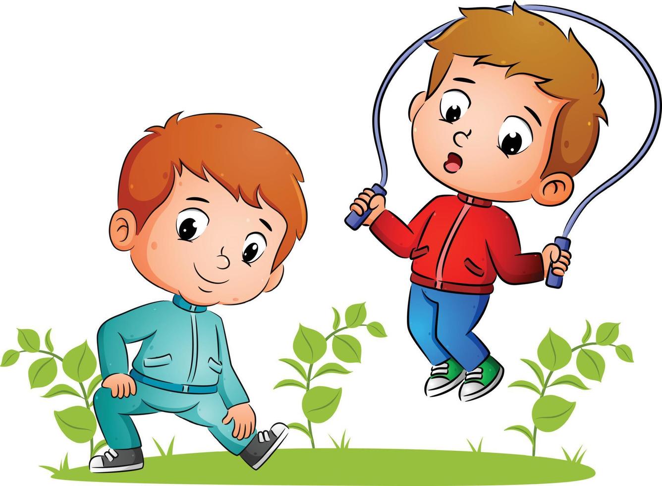 The couple of boys are doing stretching and skipping in the garden vector