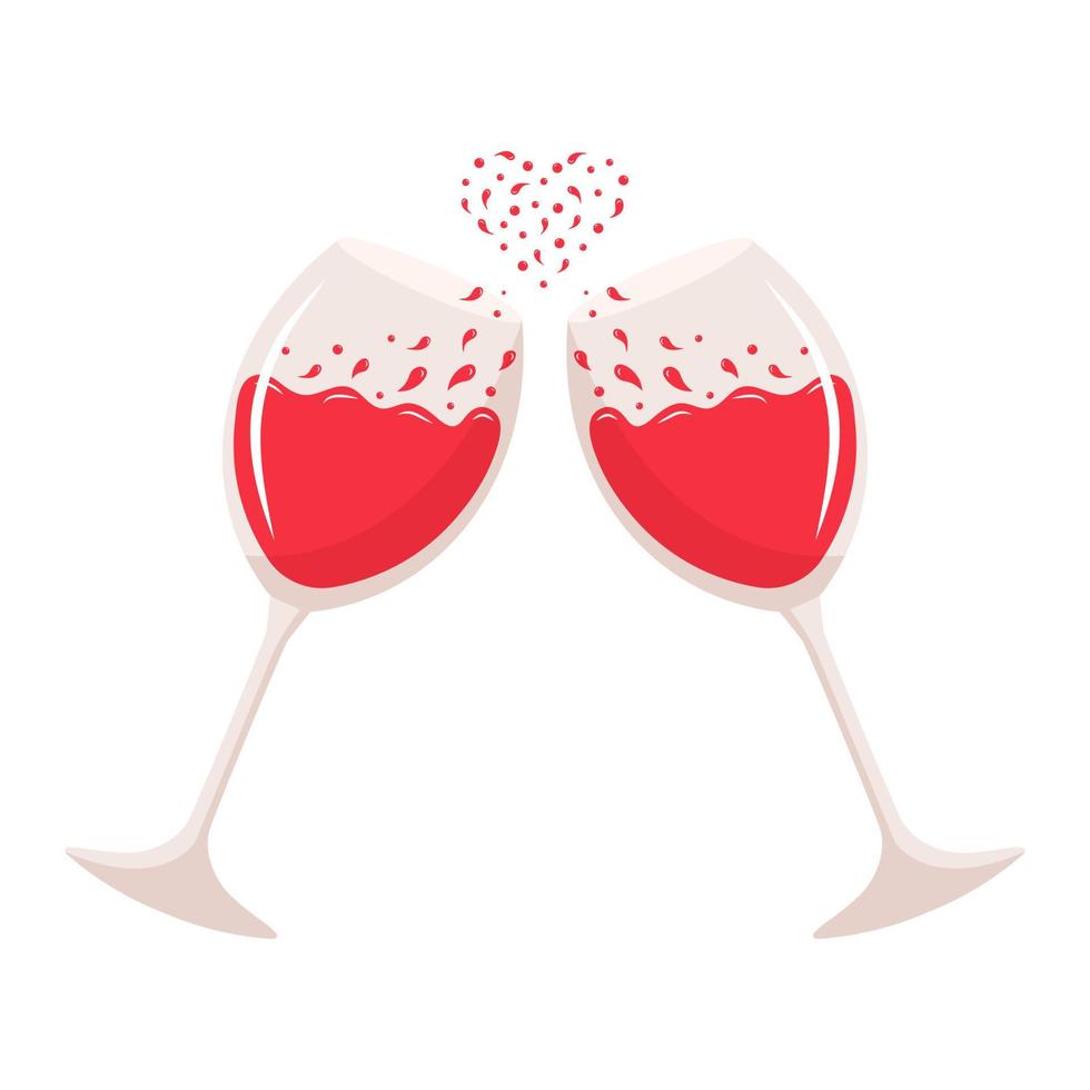 Cheers with two glasses of red wine. Heart-shaped splash of wine. vector