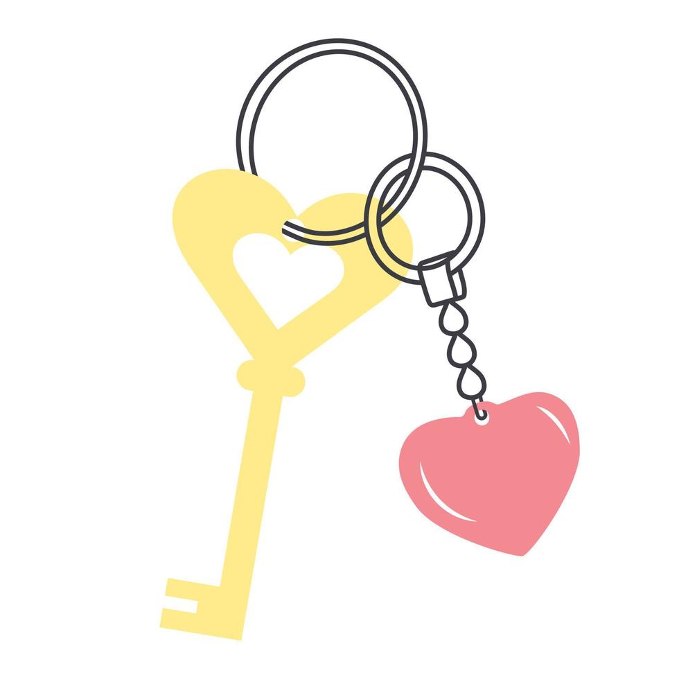 Golden key with heart-shaped keychain. Love key. vector