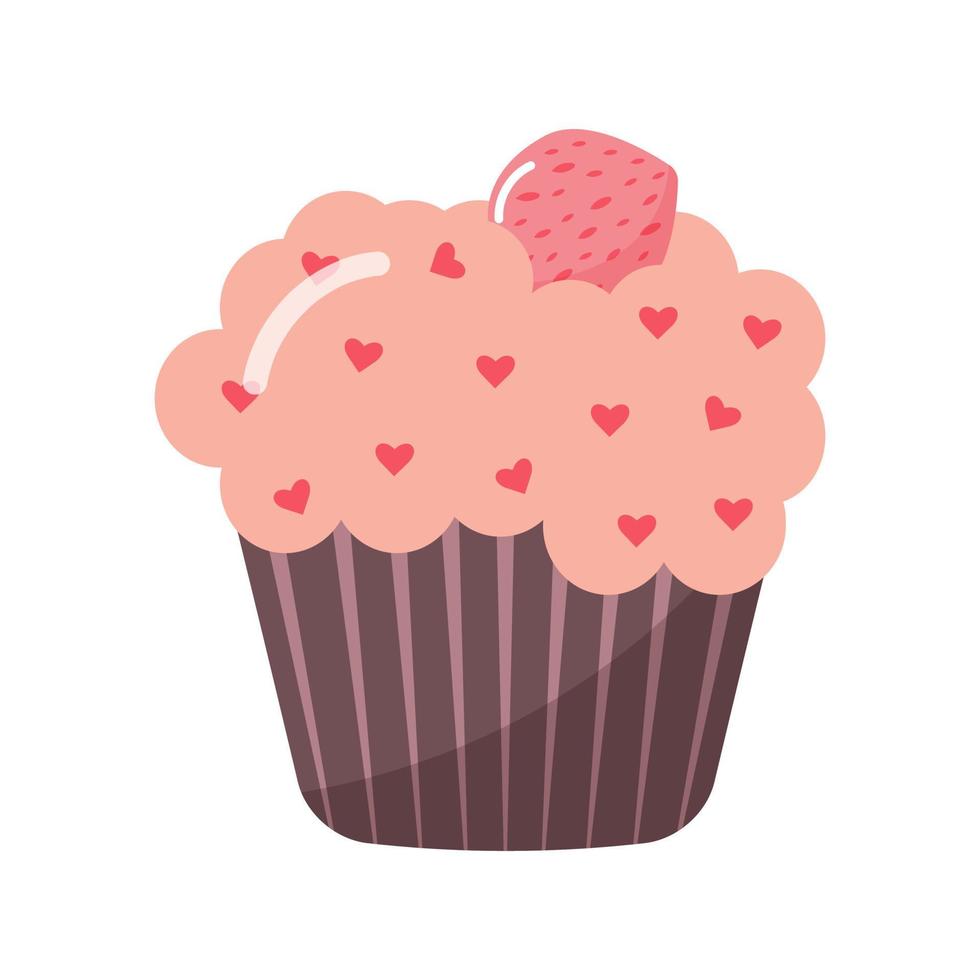 cupcake con glaseado rosa, espolvoreado con corazones y fresas por encima. vector