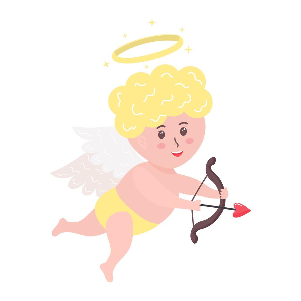 lindo bebé cupido con flecha de corazón, arco y halo. vector