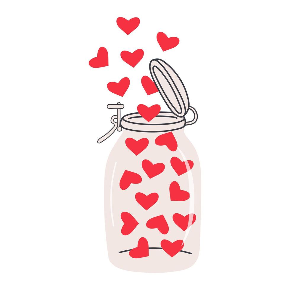 Open glass jar with hearts flying out from there. vector