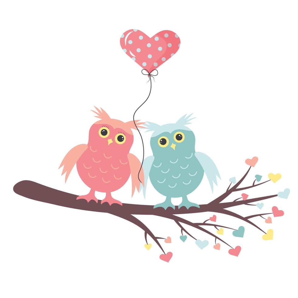 Owls in love are sittting on the branch with a balloon in the form of a heart. vector