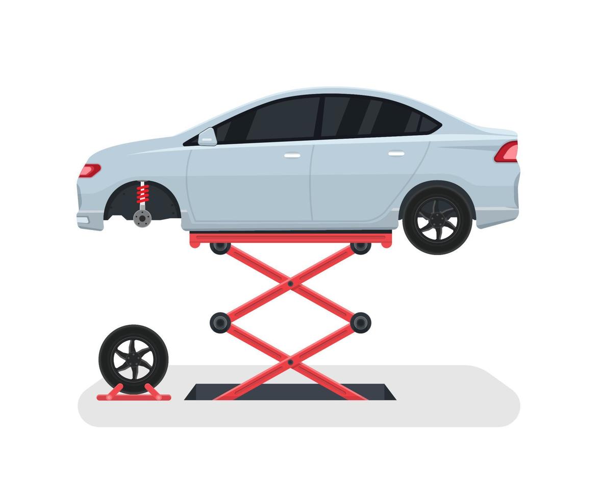 Change a wheel on a car. Tyre repair with lift. Vector illustration