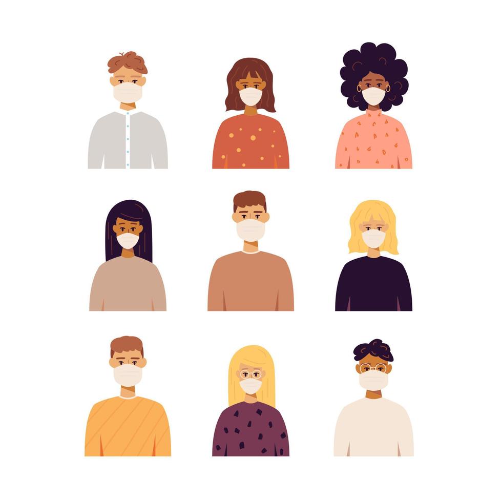 Conjunto de retratos de personas con máscaras. vector