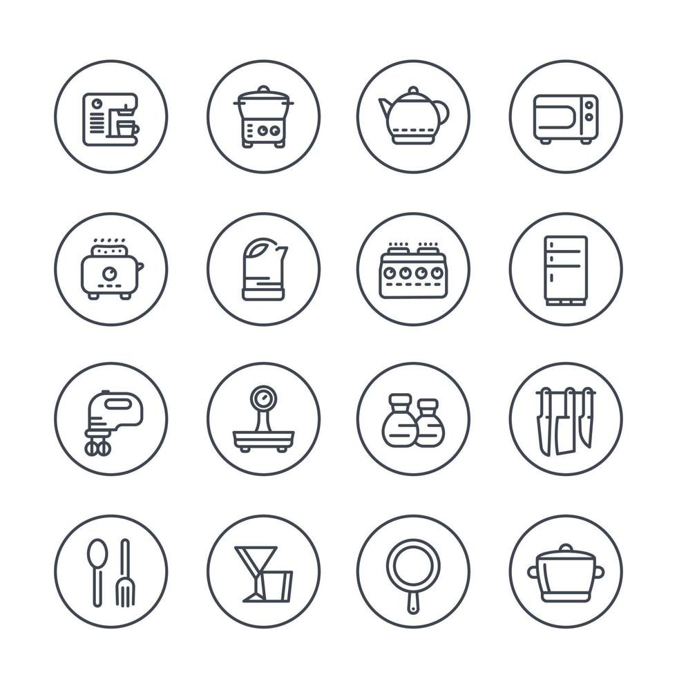 kitchen line icons in circles on white vector
