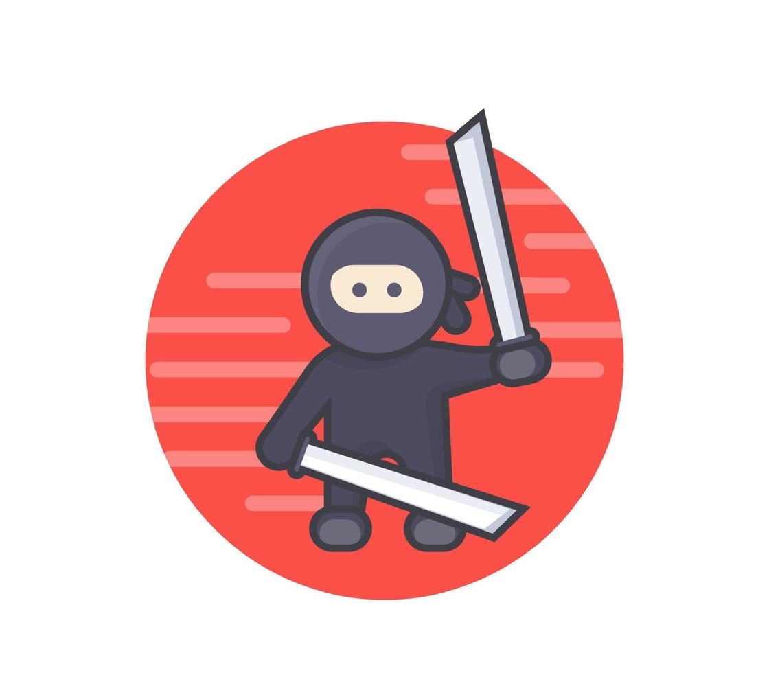 ninja with katana swords in hands, ancient japan warrior, flat style with outline vector