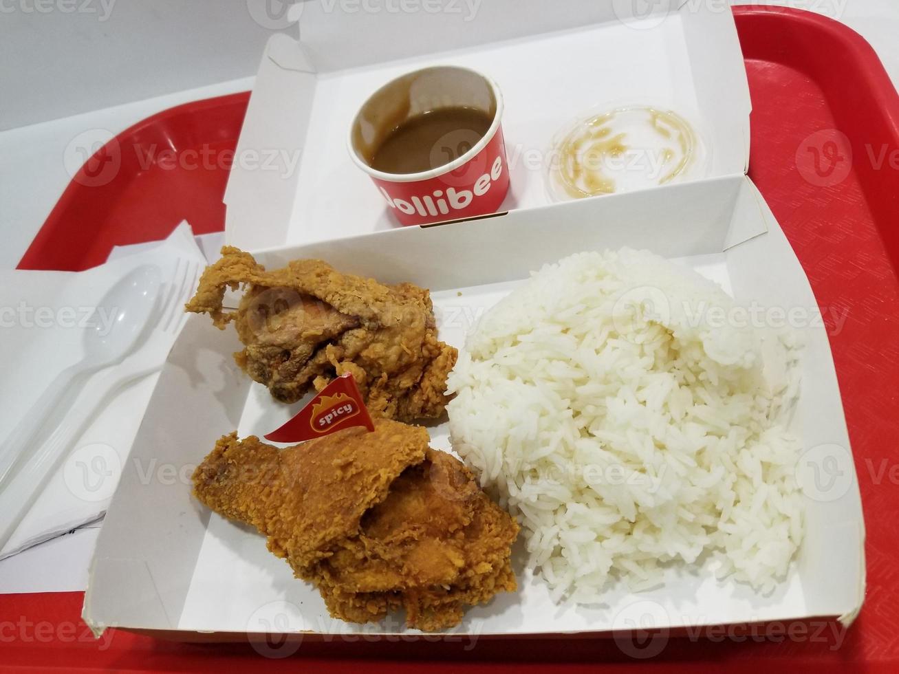 Fresh delicious crispy fried chicken golden brown with white rice on white box. photo