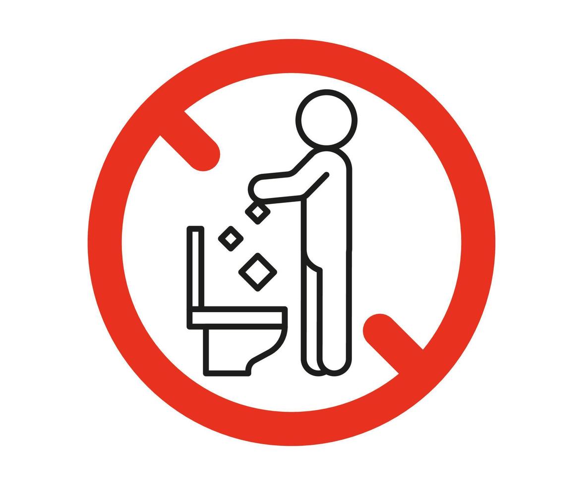 Regla wc prohibido sacar basura en el inodoro, señal de advertencia de prohibición. no arroje basura, basura en el inodoro. problema de la contaminación del planeta, limpio. ilustración vectorial vector