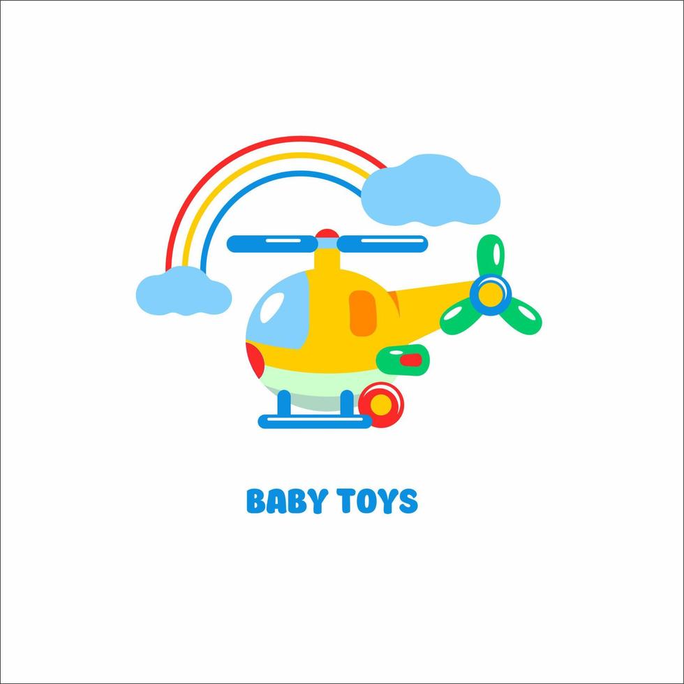 Toys kids. Vector sign, the logo for the toy store. The toy helicopter flies over clouds and rainbows.