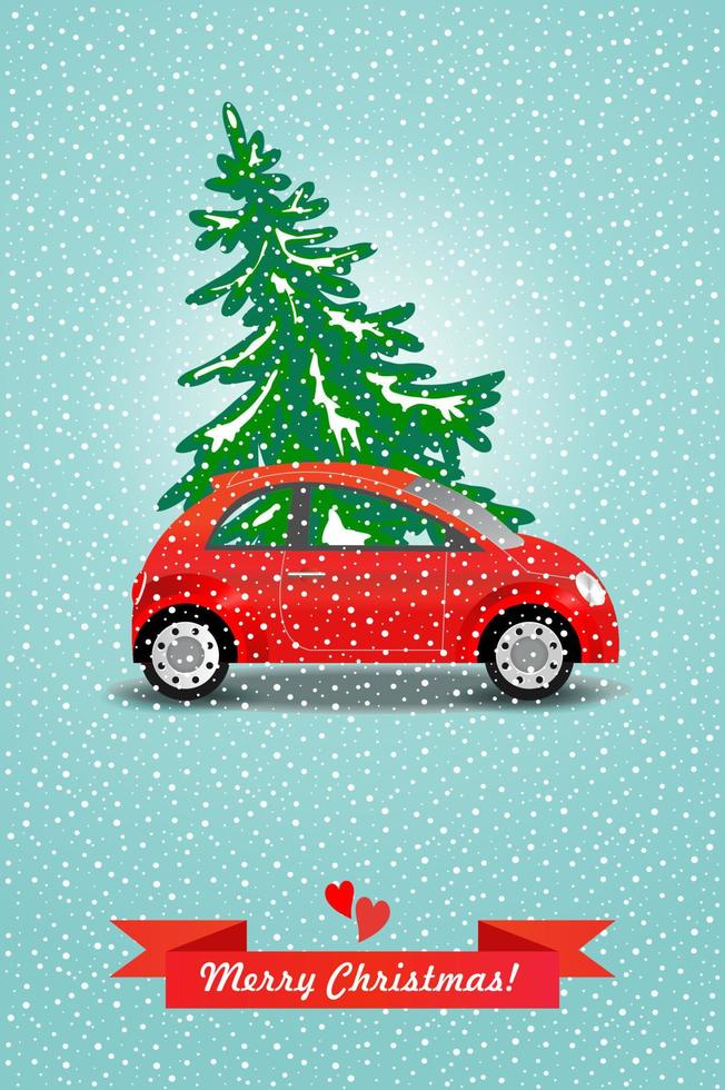 Vector illustration. The yellow car carries a Christmas tree.