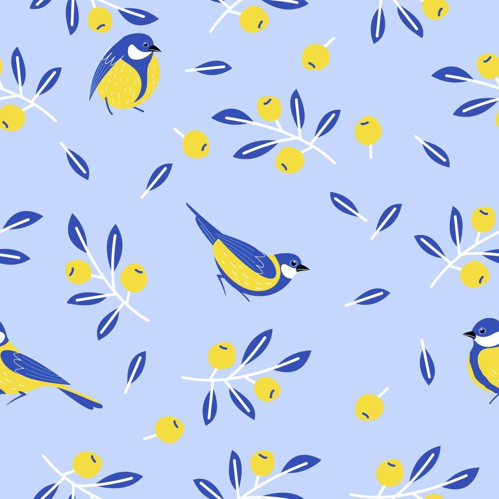 Seamless patterns with birds, flowers, leaves and berries. Vector illustration.