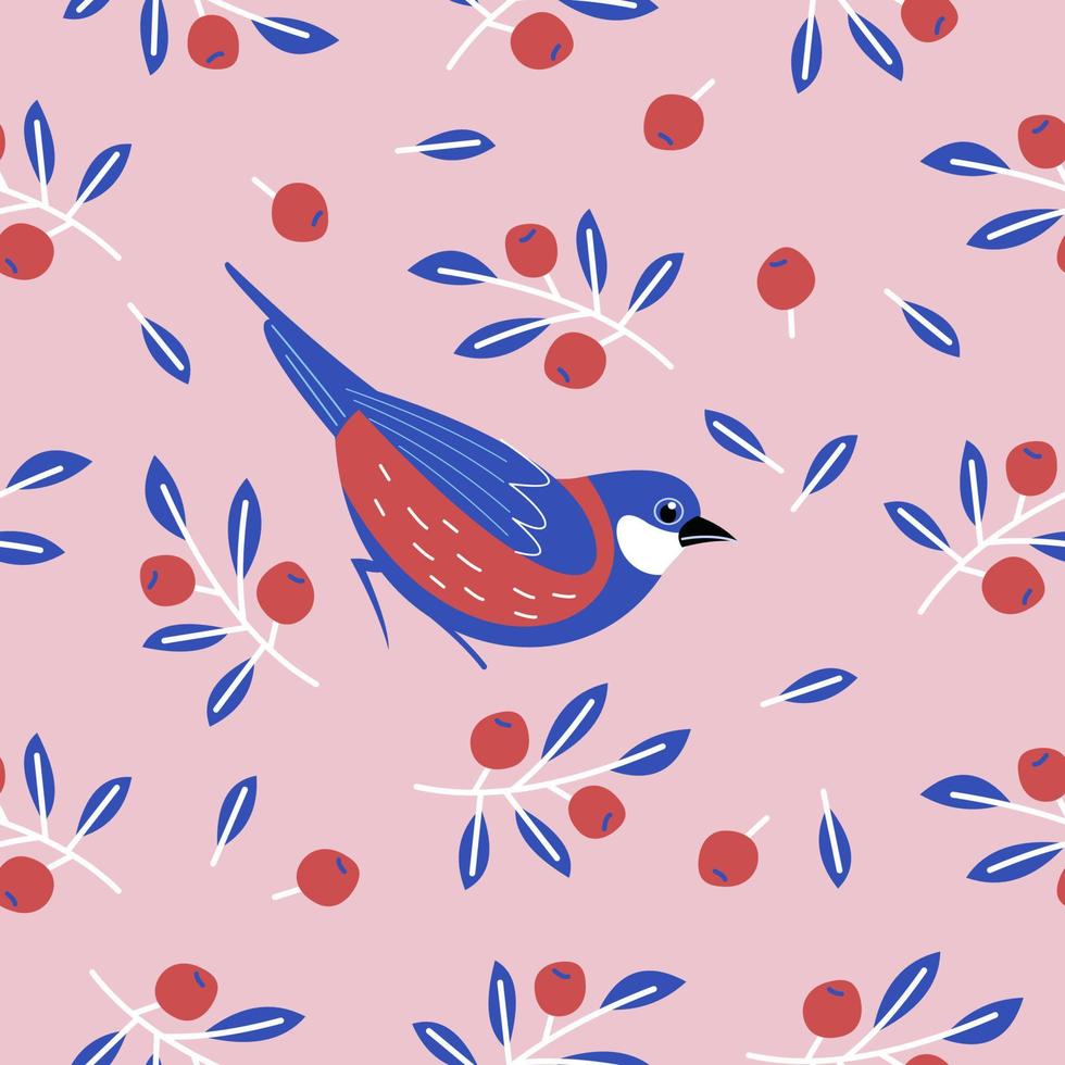 Seamless patterns with birds, flowers, leaves and berries. Vector illustration.