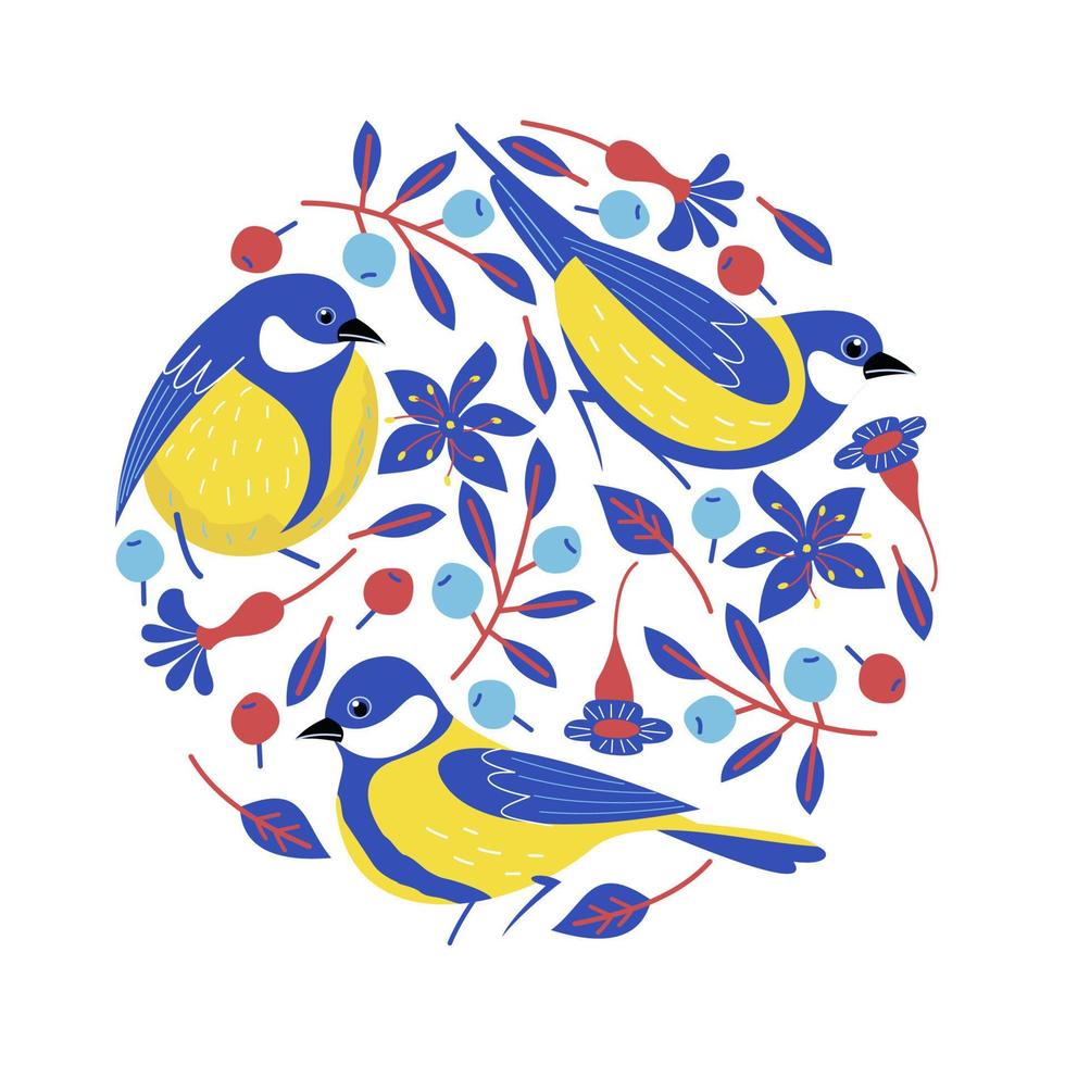 hermosos pájaros, bayas, flores y ramas. ilustración vectorial. vector
