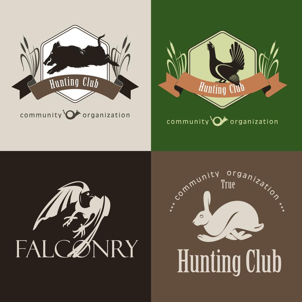 A set of logos, emblems hunting club. Wild boar, hare, capercaillie, Falcon. vector