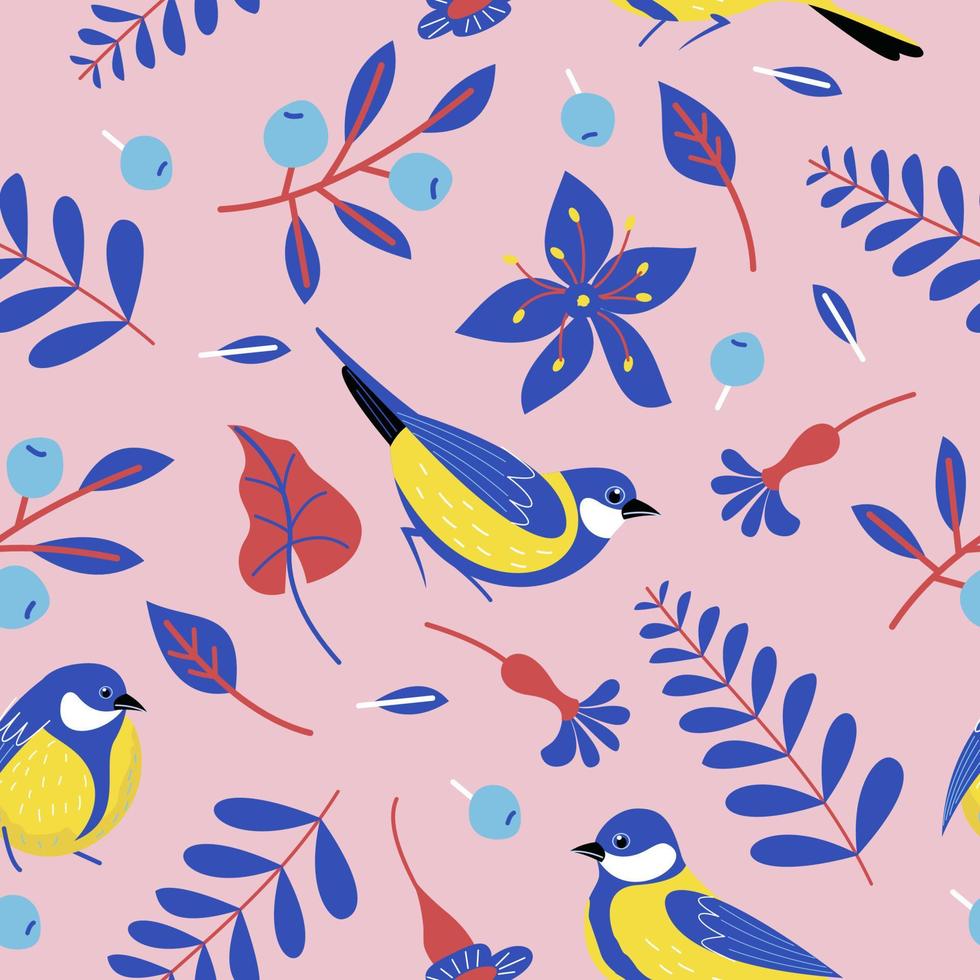 Seamless patterns with birds, flowers, leaves and berries. Vector illustration.