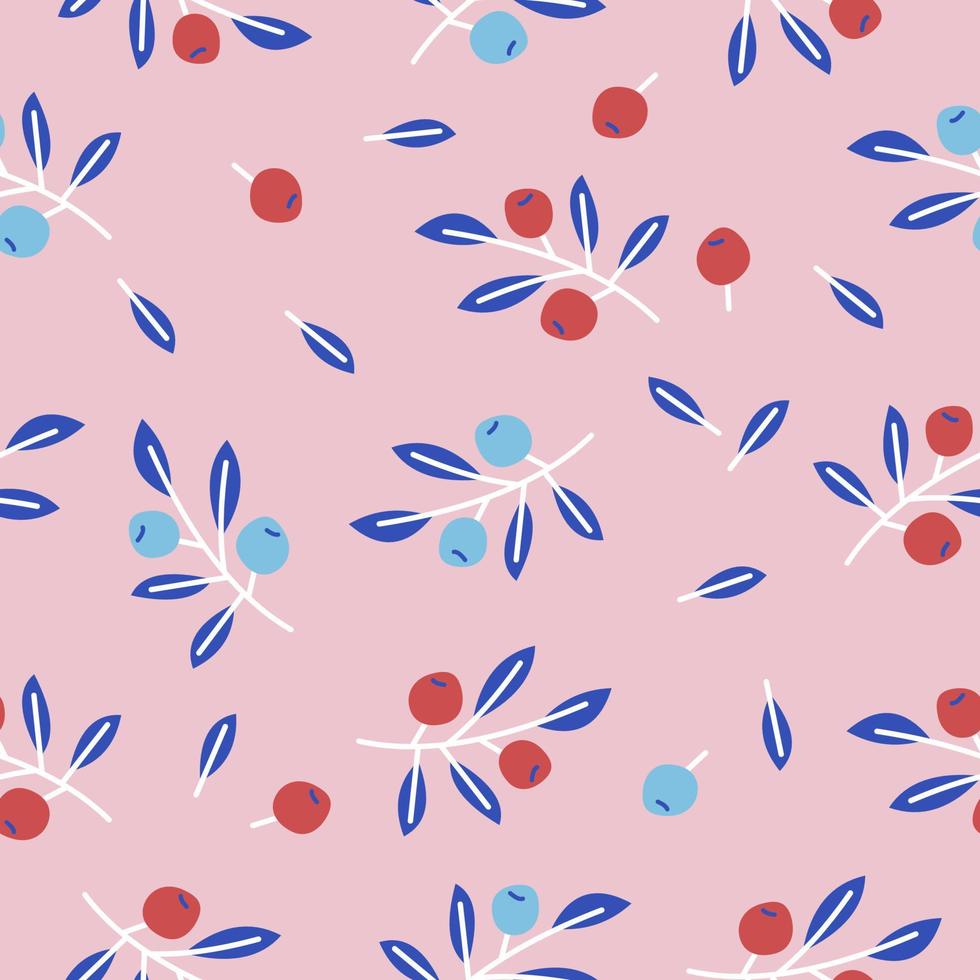 Cute floral seamless pattern with branches and berries.  For printing on paper, textiles of all sizes. Vector illustration.