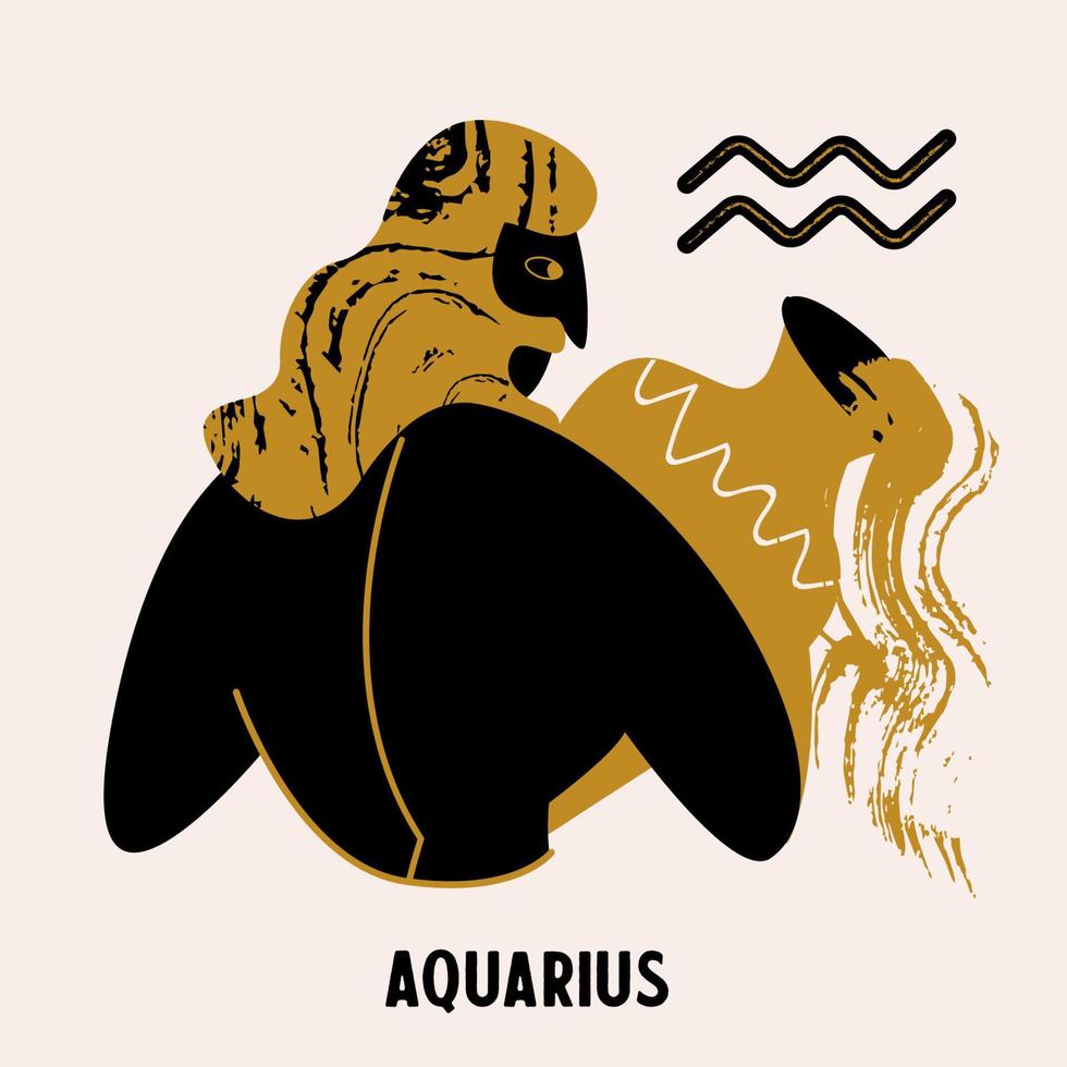 Horoscope and astrology. The zodiac sign Aquarius. Black and gold. Vector illustration in a flat style.