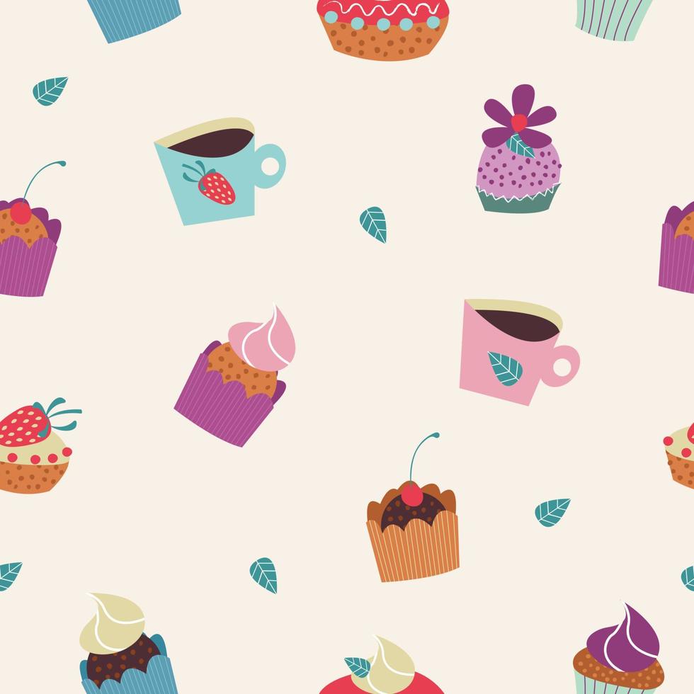 Seamless pattern on a light background. Cute beautiful and delicious cakes with cream, chocolate and strawberries, cups of coffee. vector