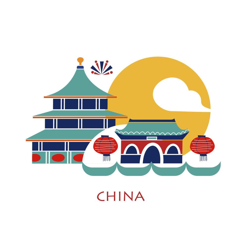 Chinese architecture, places of interest. Vector illustration.