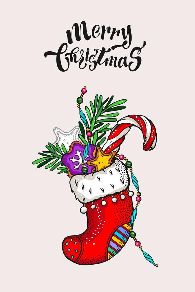Merry Christmas hand drawn card. Christmas gifts in a sock. vector